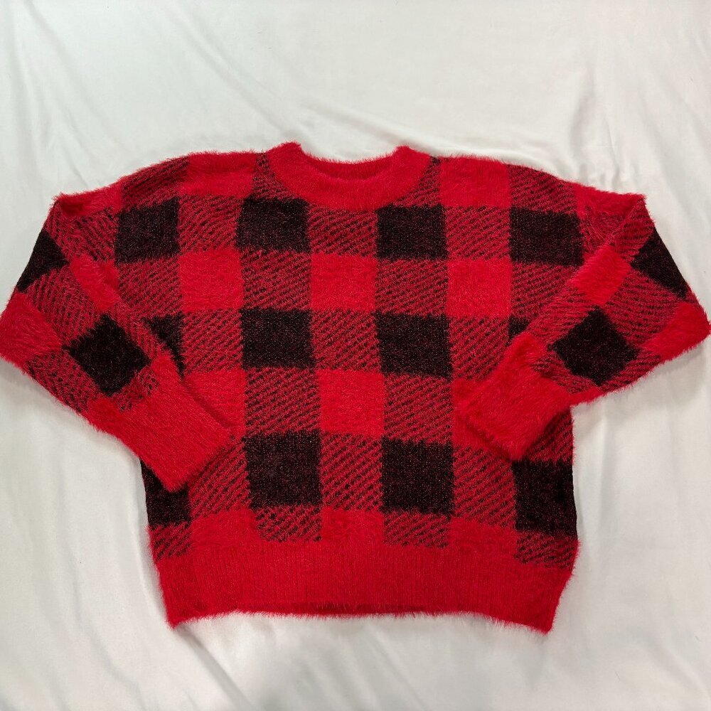 Time and tru buffalo plaid crew neck fuzzy Sherpa teddy Sweater   Lot D